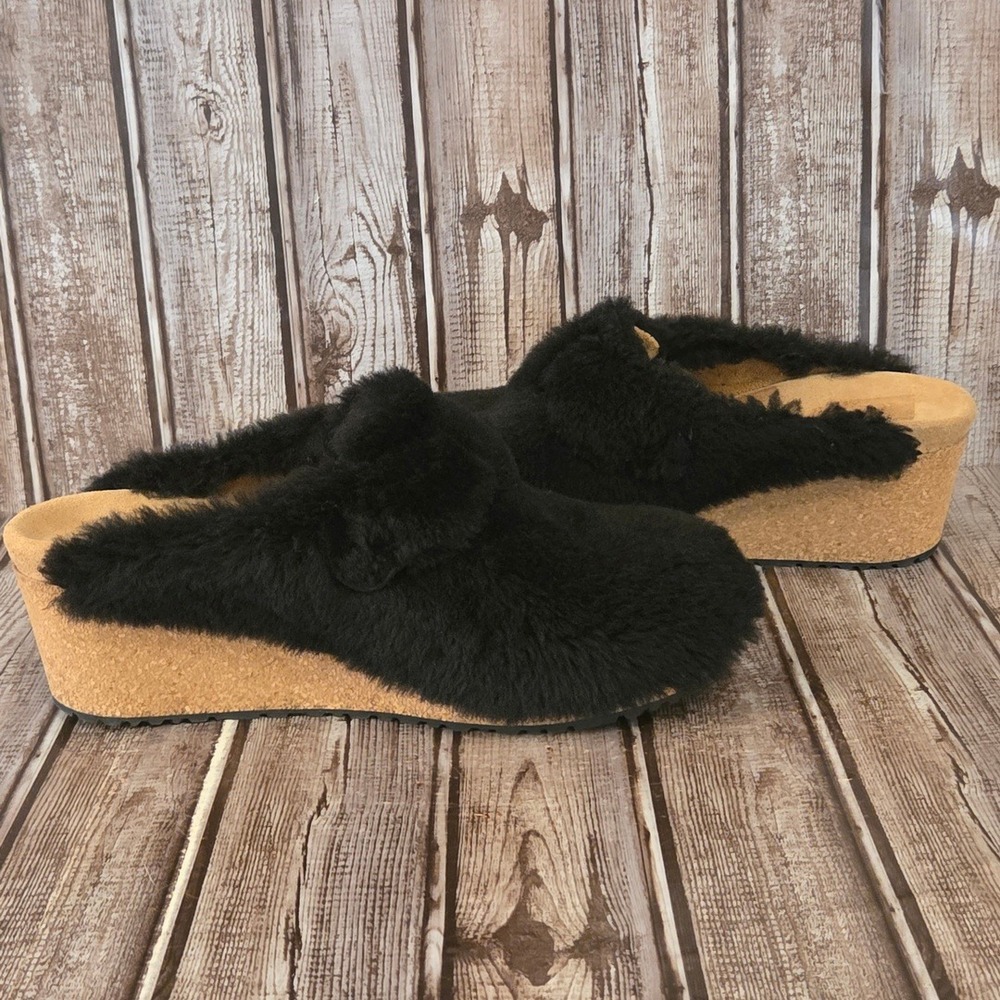 Sz 40 / 9 N Birkenstock Papillio Fanny Teddy Black Shearling Wedge Mules Clogs - Picture 6 of 8